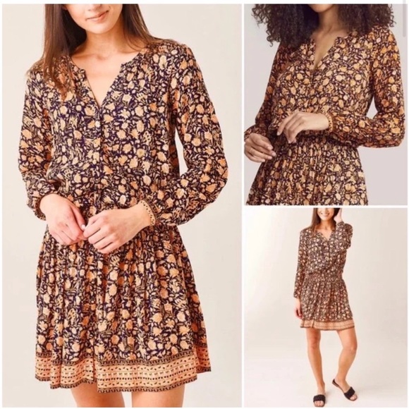 Faherty Dresses & Skirts - Faherty Montara Wonderlust Floral Long Sleeve Summer Dress in Dark Navy/Orange